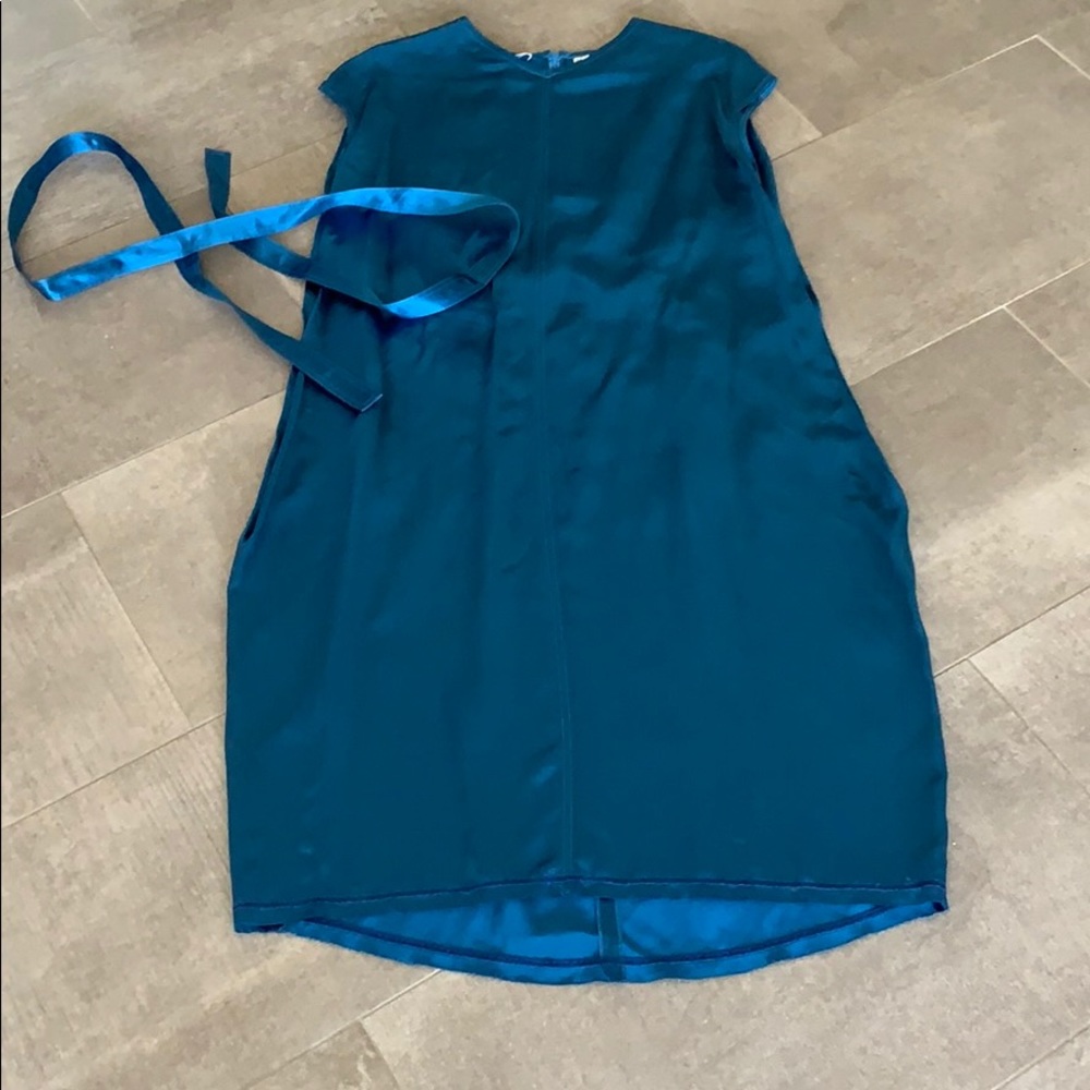 Helmet Lang teal blue silk lg belted dress